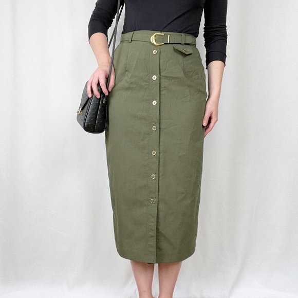 Vintage Midi Skirt Button Up High Rise Long Slit Belted Green Preppy Academia - Picture 3 of 7